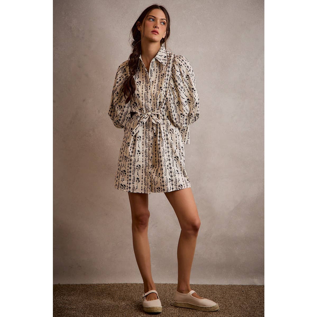 Cream Floral Puff-Sleeve Tie-Waist Mini Dress