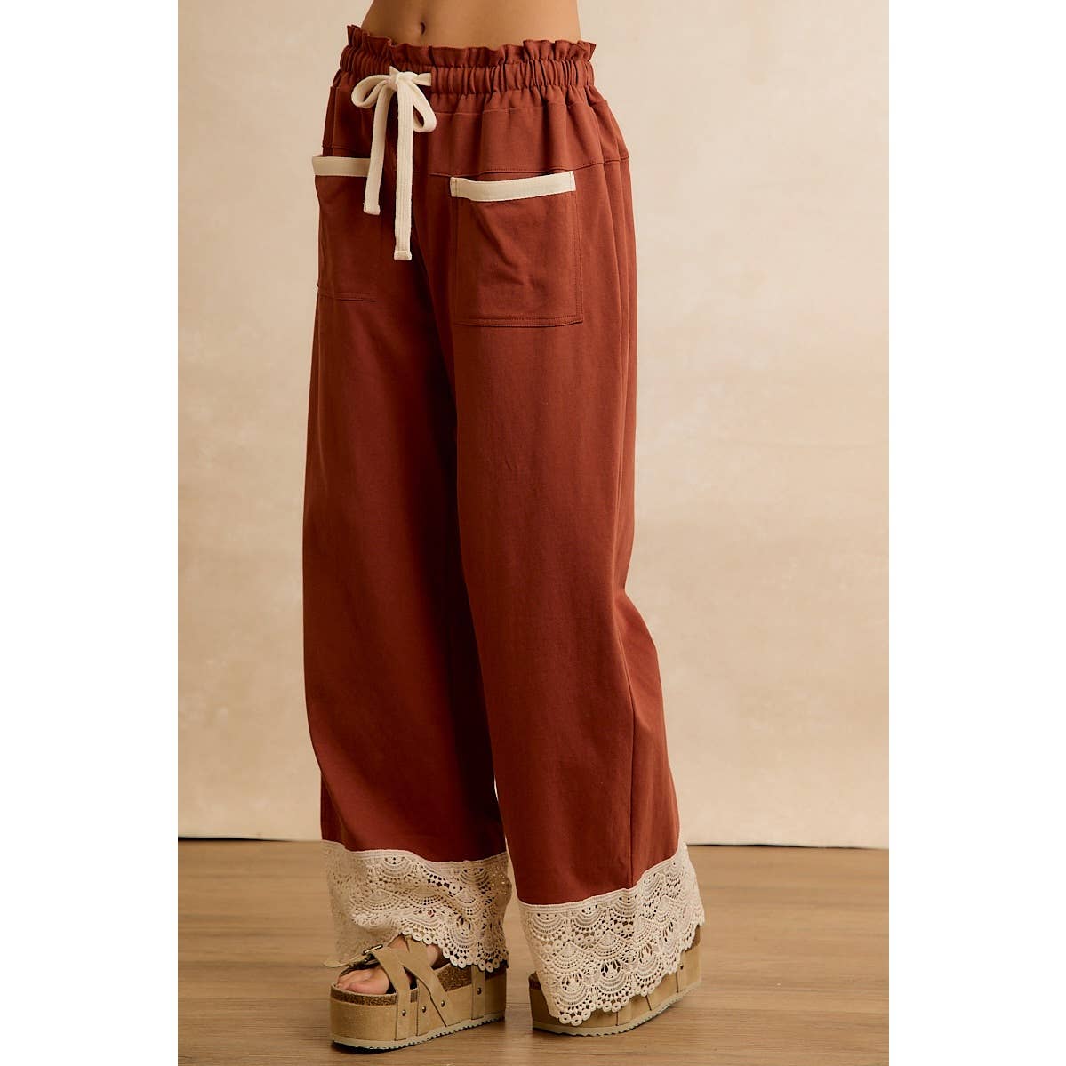 BiBi Solid Cotton Pants with Lace-Trimmed Hem