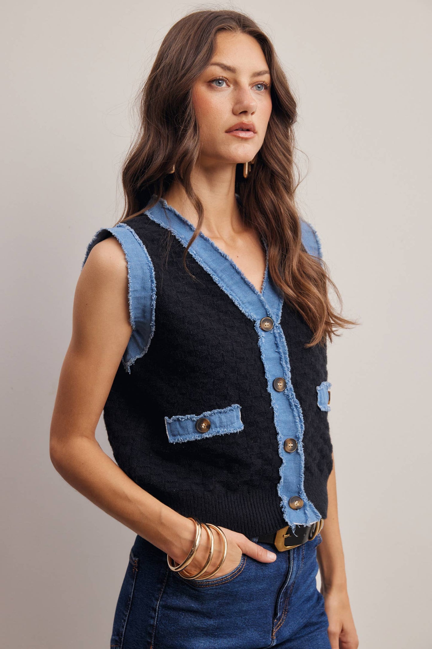 Your Favorite Denim Trim Knit Vest - 926 West