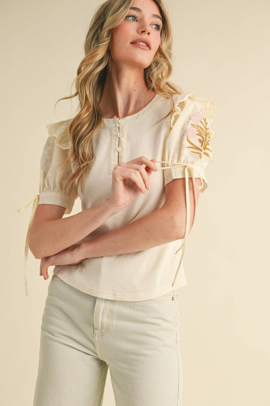 & MERCI - MIXED MEDIA EMBROIDERED SLEEVE TOP - 926 West