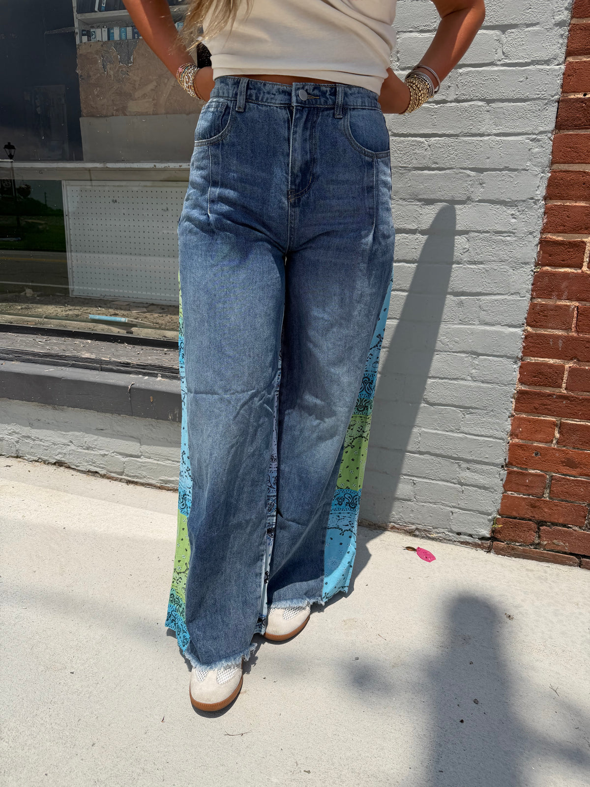 Denim Palazzo Pants with Paisley Print Side