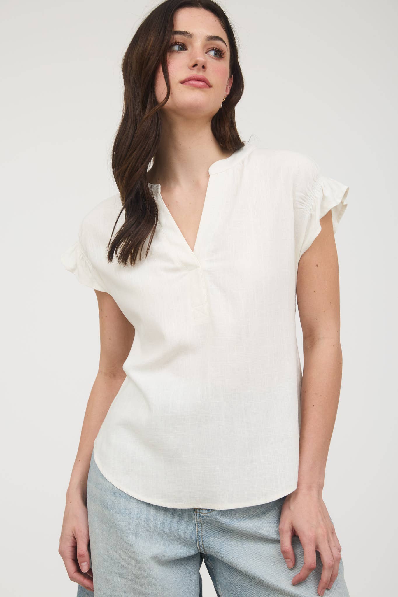 Blu Pepper The Split Neck Ruched Linen Blouse