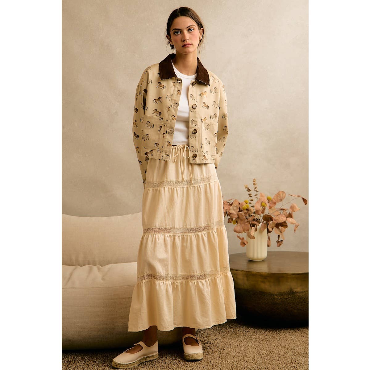 Ivory Lace-Trim Tiered Maxi Skirt