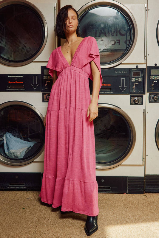 Lara Daisy - Deep V-Neck Textured Maxi Dress