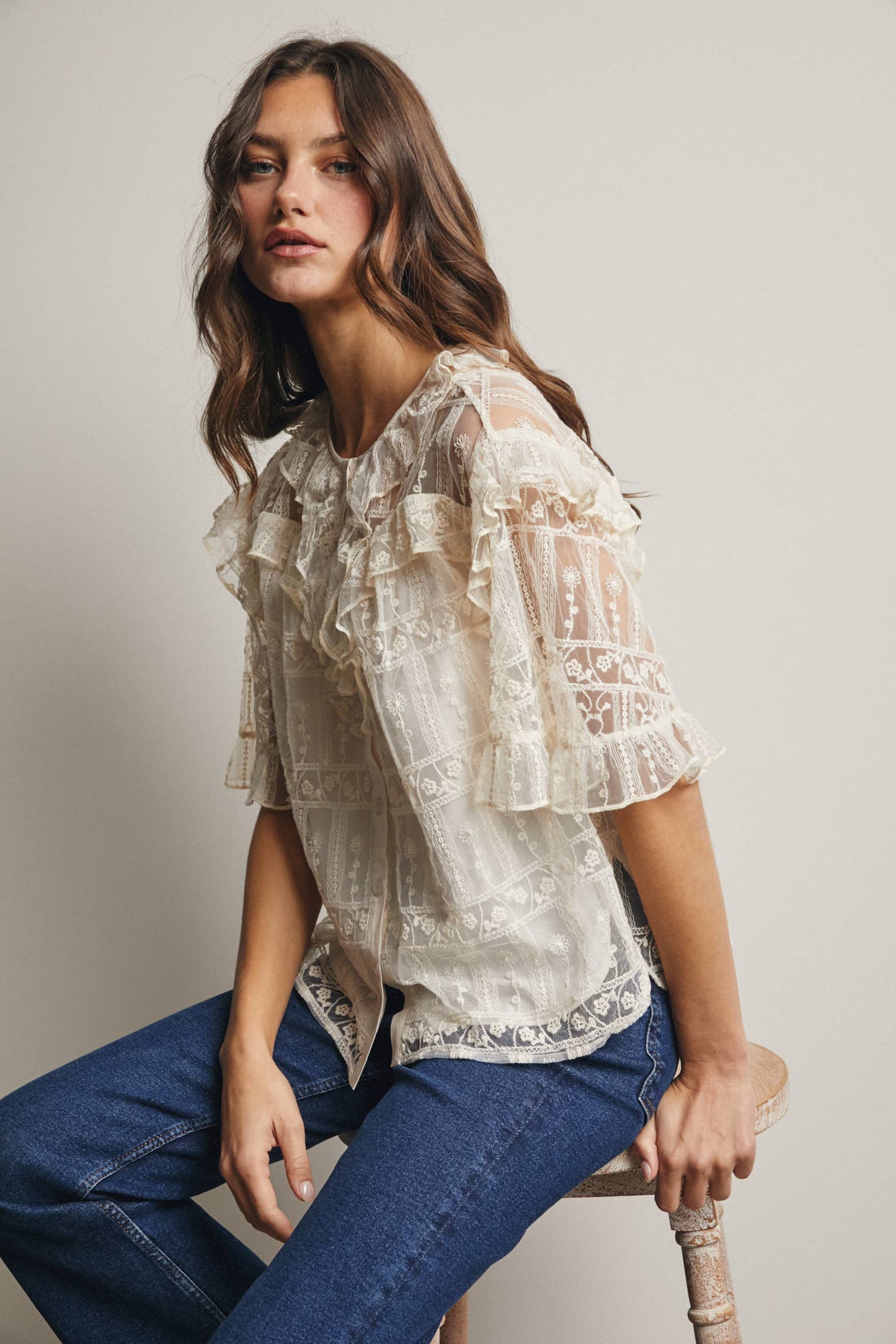 Embroidered Ruffle Lace Blouse - 926 West