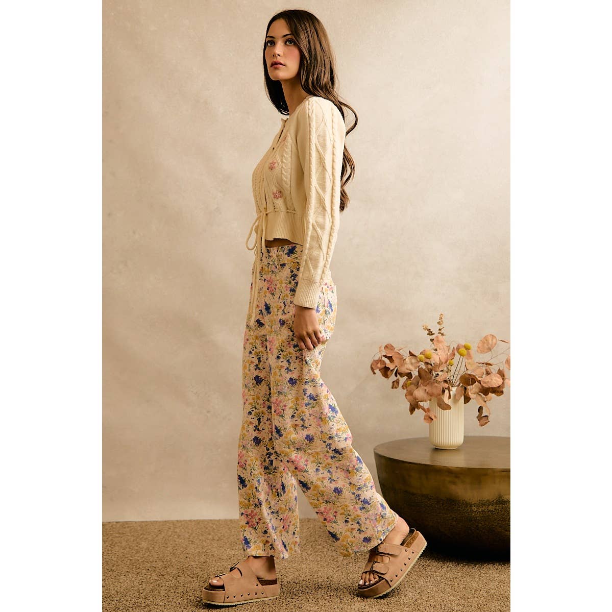Floral Print Twill Wide Leg Pants