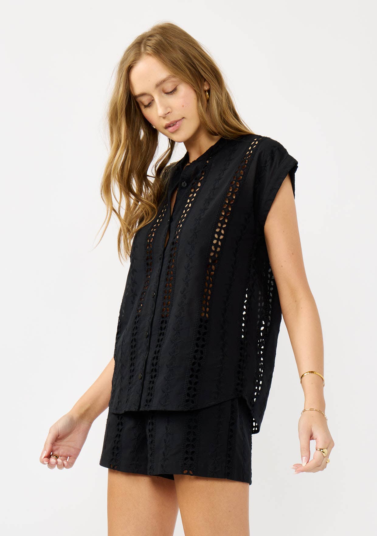 Floral Eyelet Mandarin Collar Camp Shirt 926 WEST