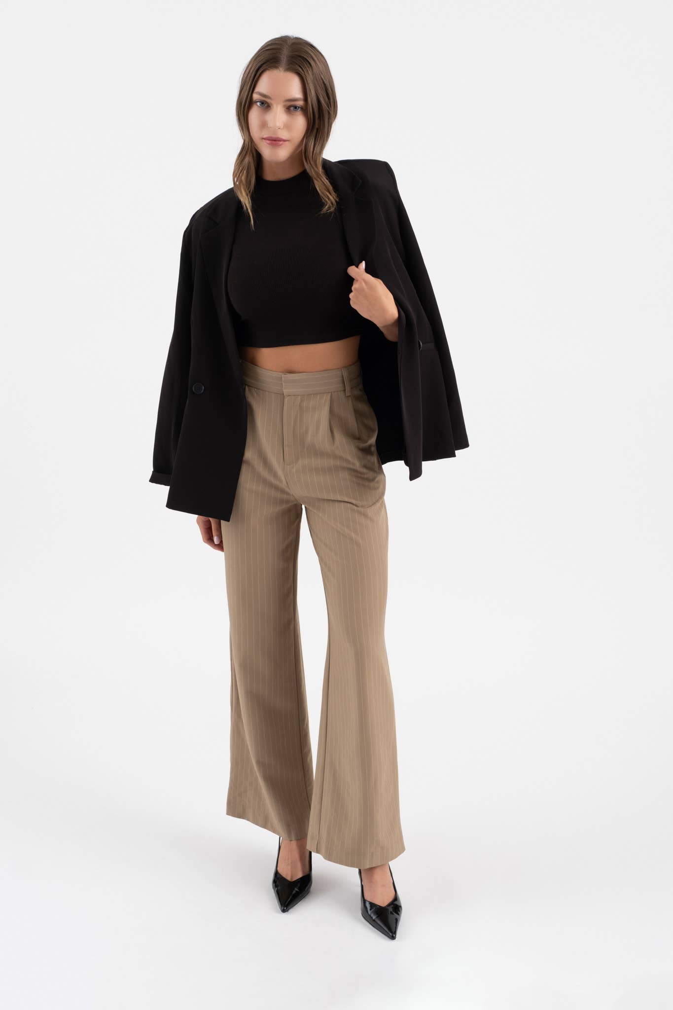 PINSTRIPE FLARE LEG PLEATED PANTS - 926 West