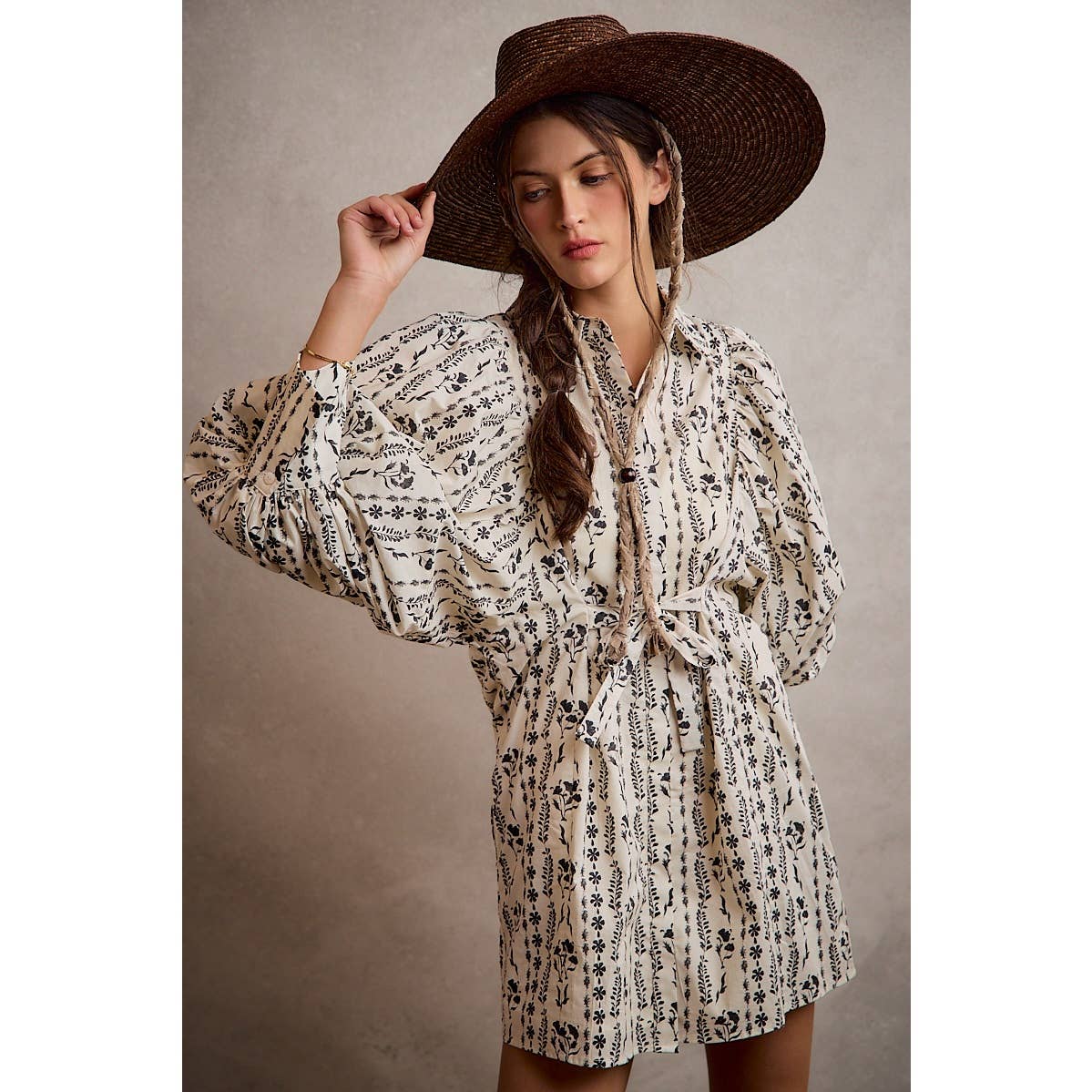 Cream Floral Puff-Sleeve Tie-Waist Mini Dress