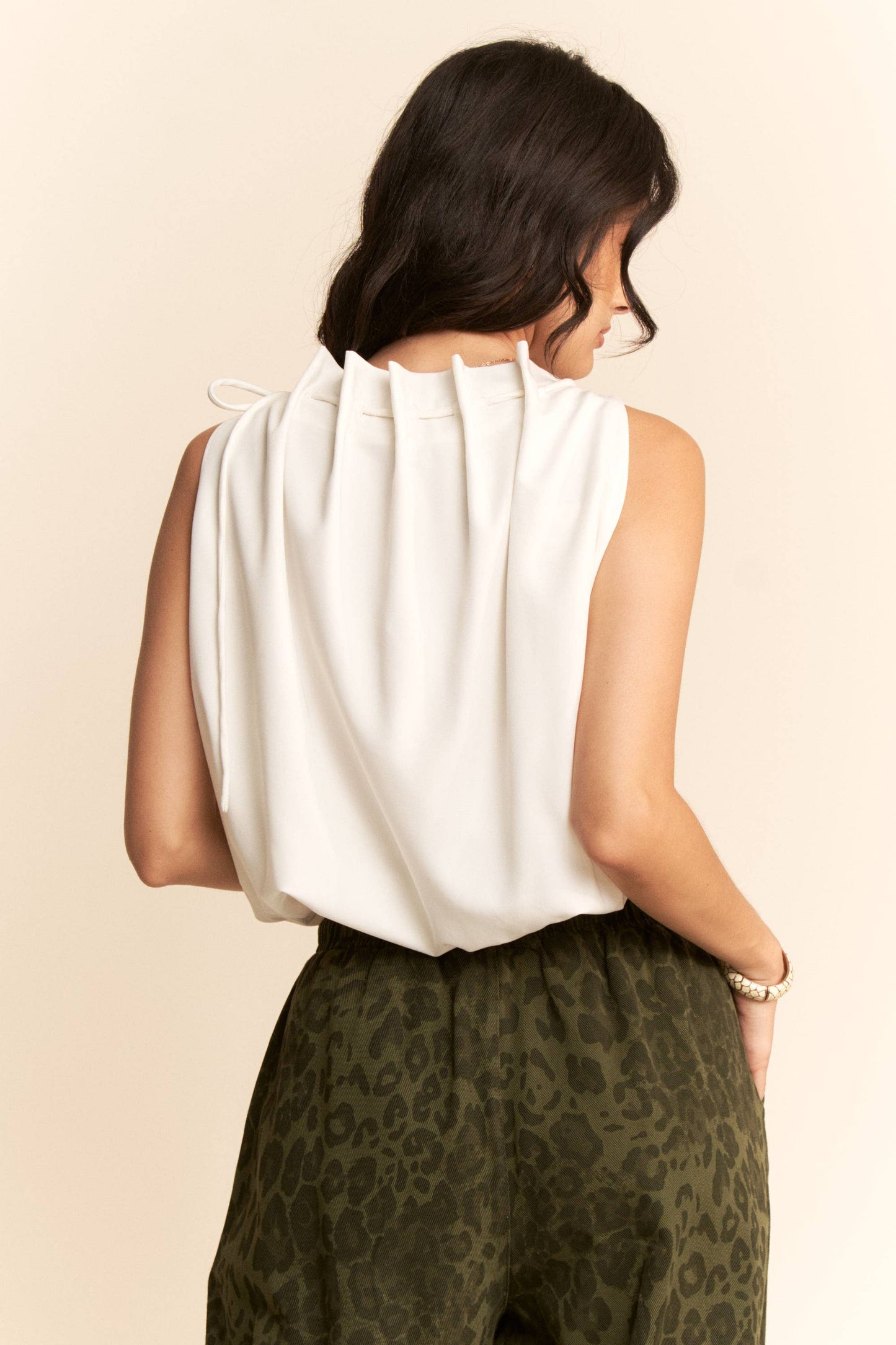 SOLID SLEEVELESS COWL NECK TIE DETAIL TOP