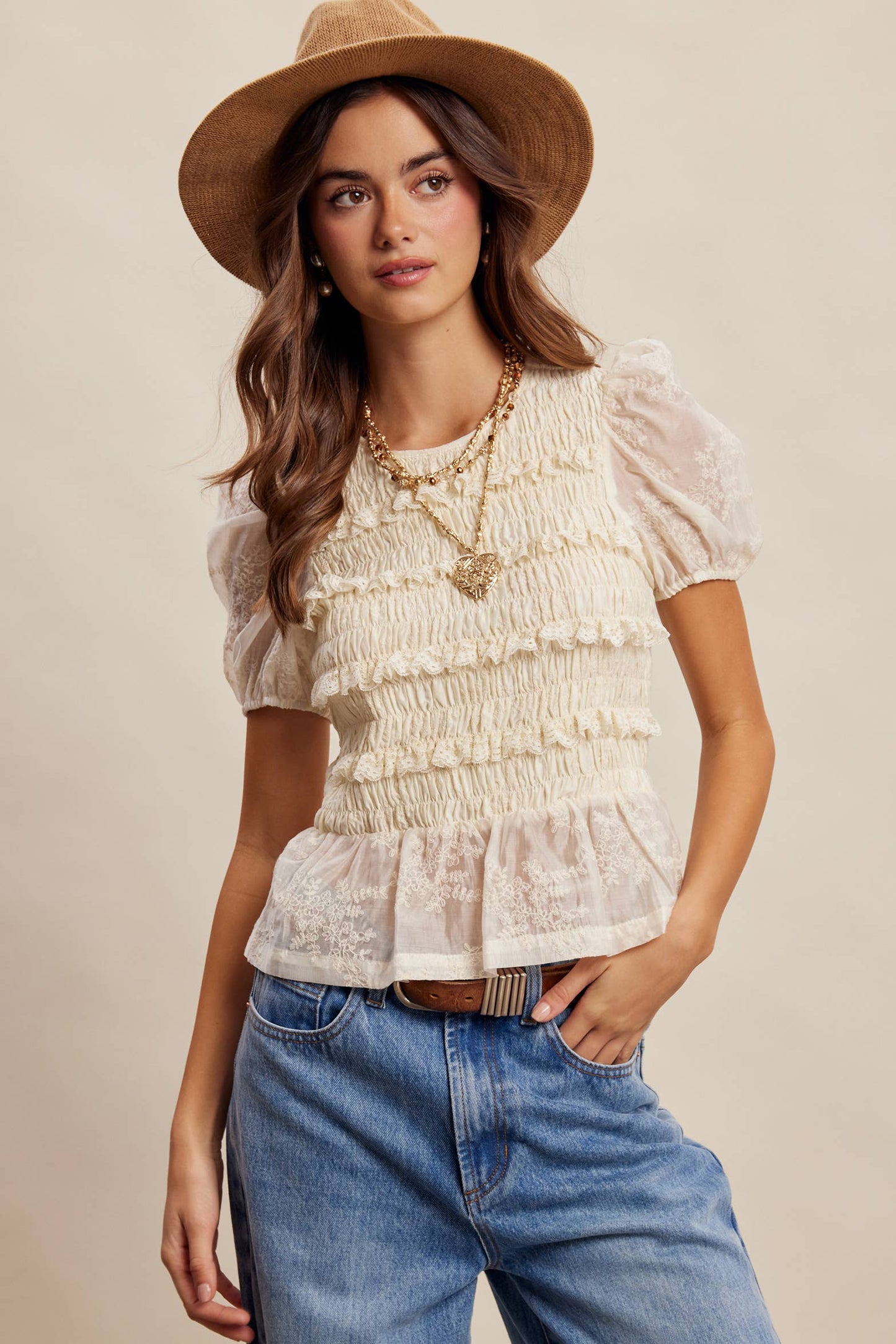 Listicle Smocked Lace Puff Sleeve Top