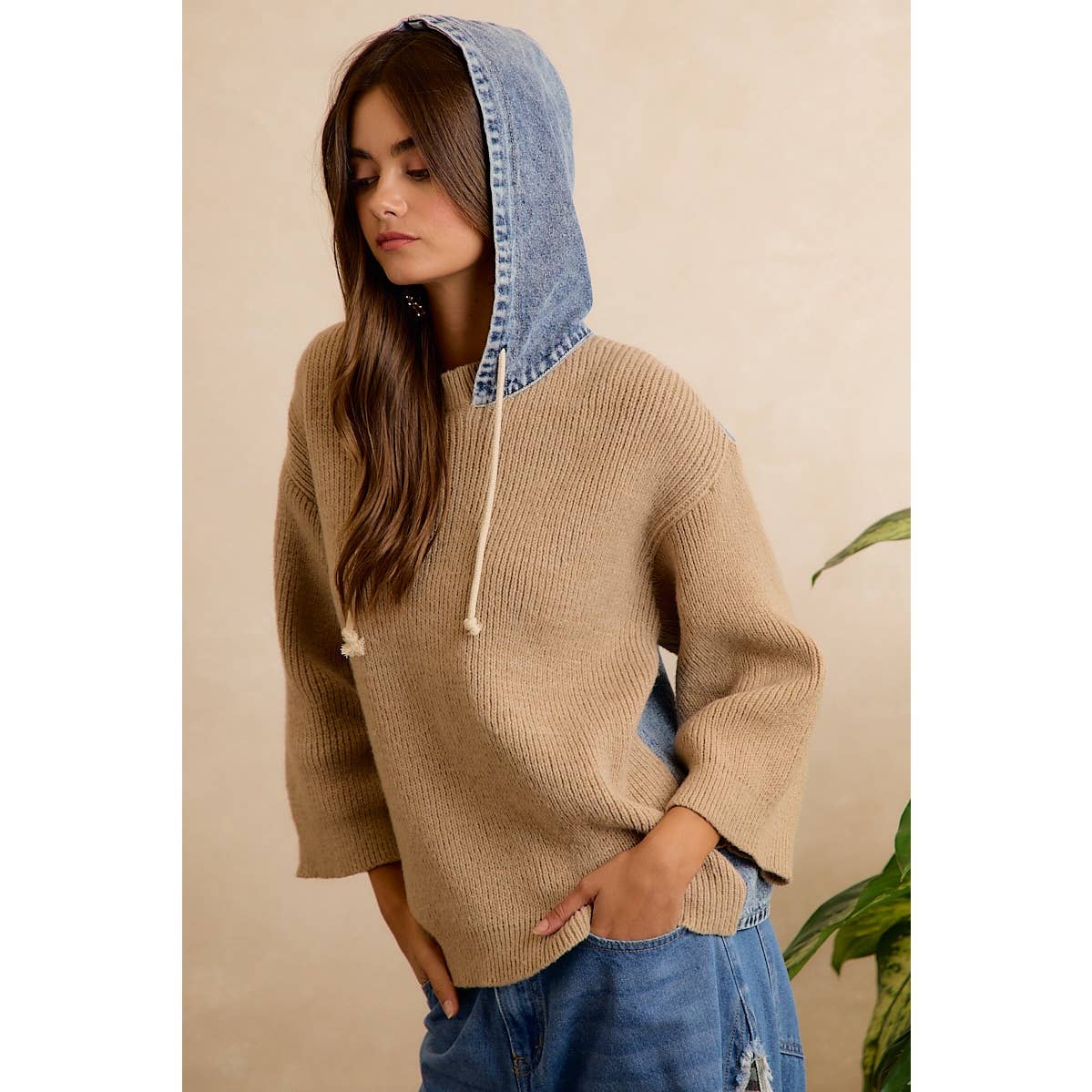 Denim Contrast Hooded Knit Pullover Top