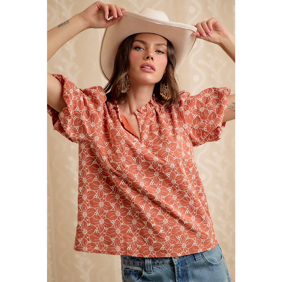 Rust Cotton Eyelet Puff Sleeve Blouse