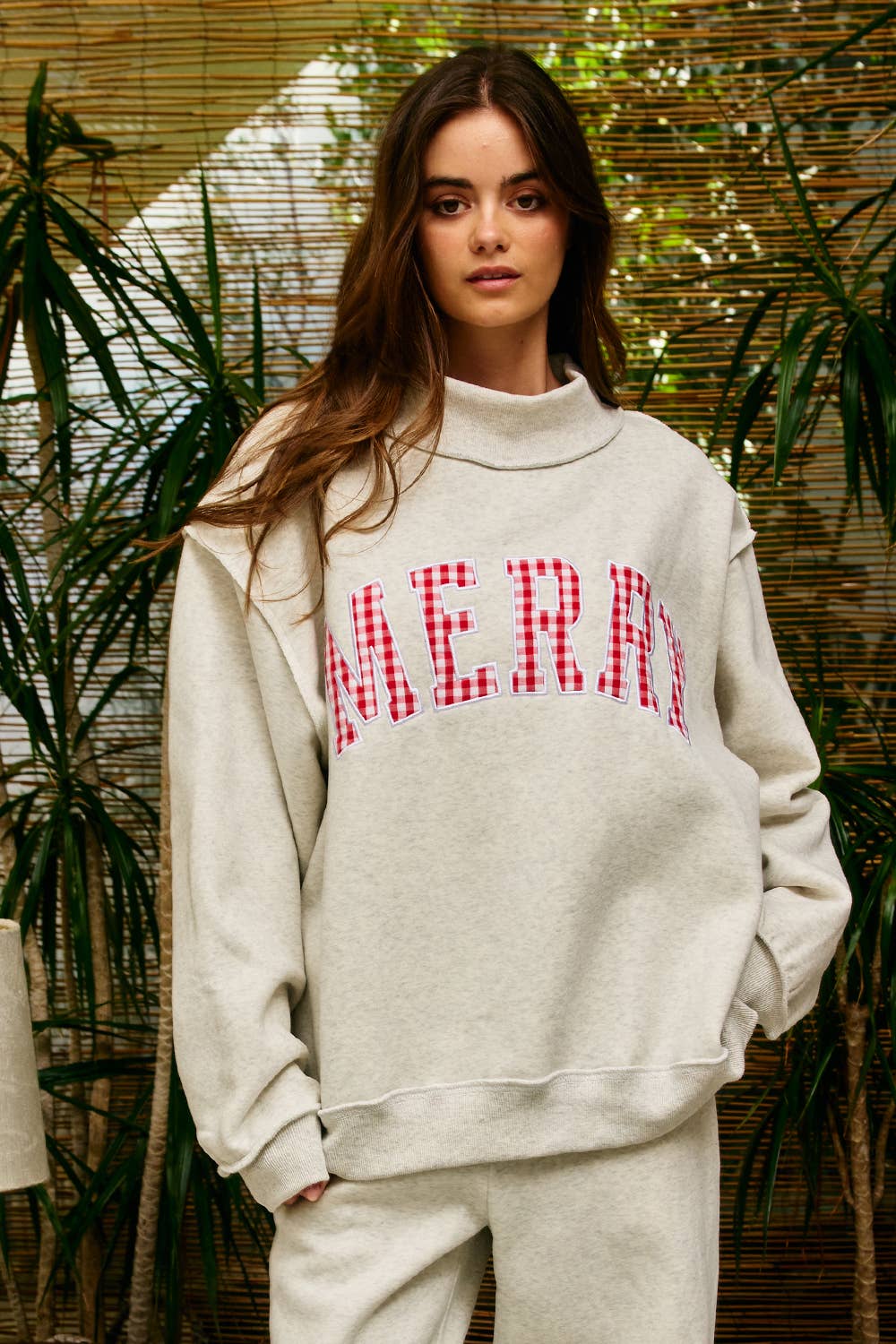 Merry Appliqué Varsity Mock Neck Sweatshirt