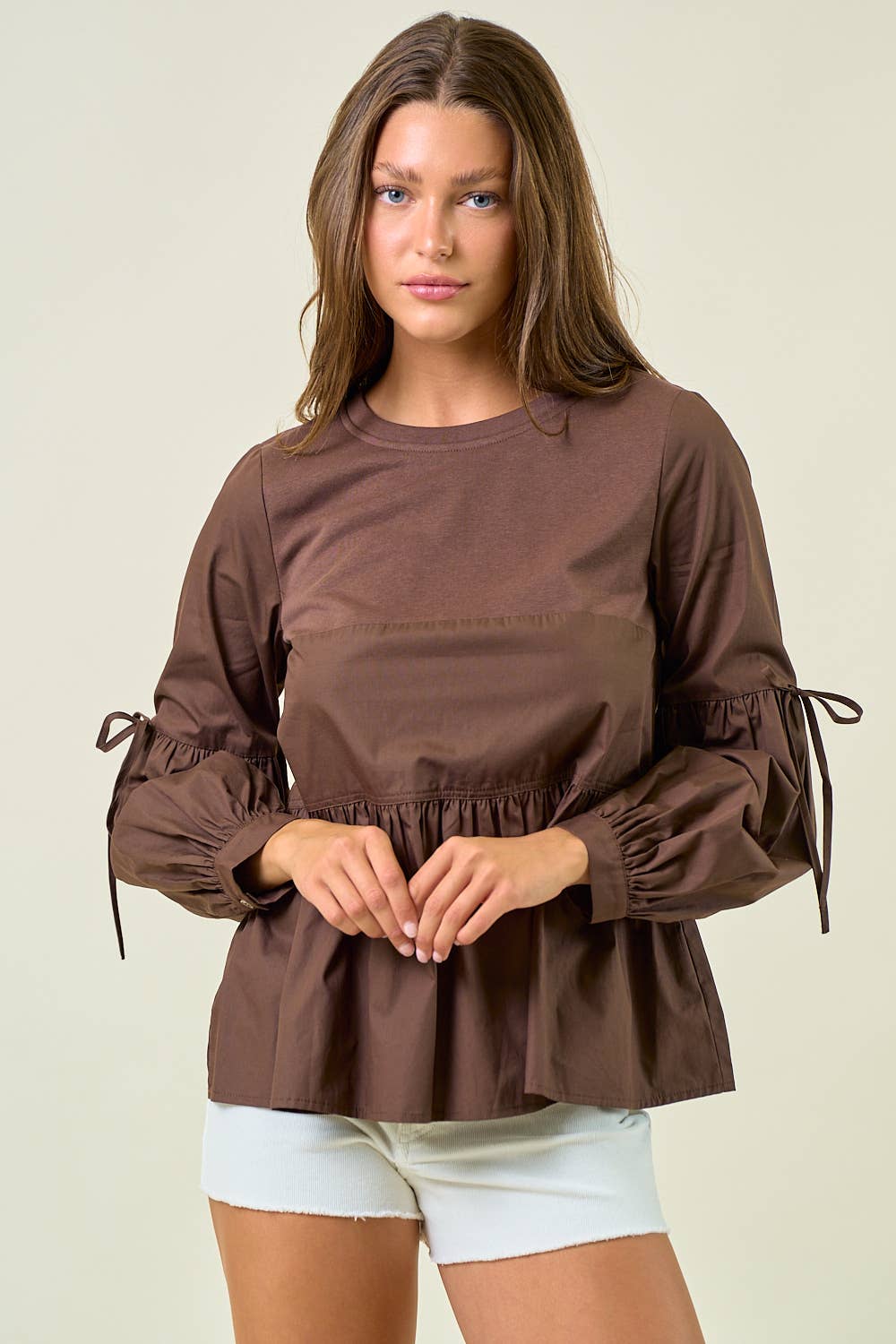 Round Neck Puff Long Sleeve Peplum Blouse