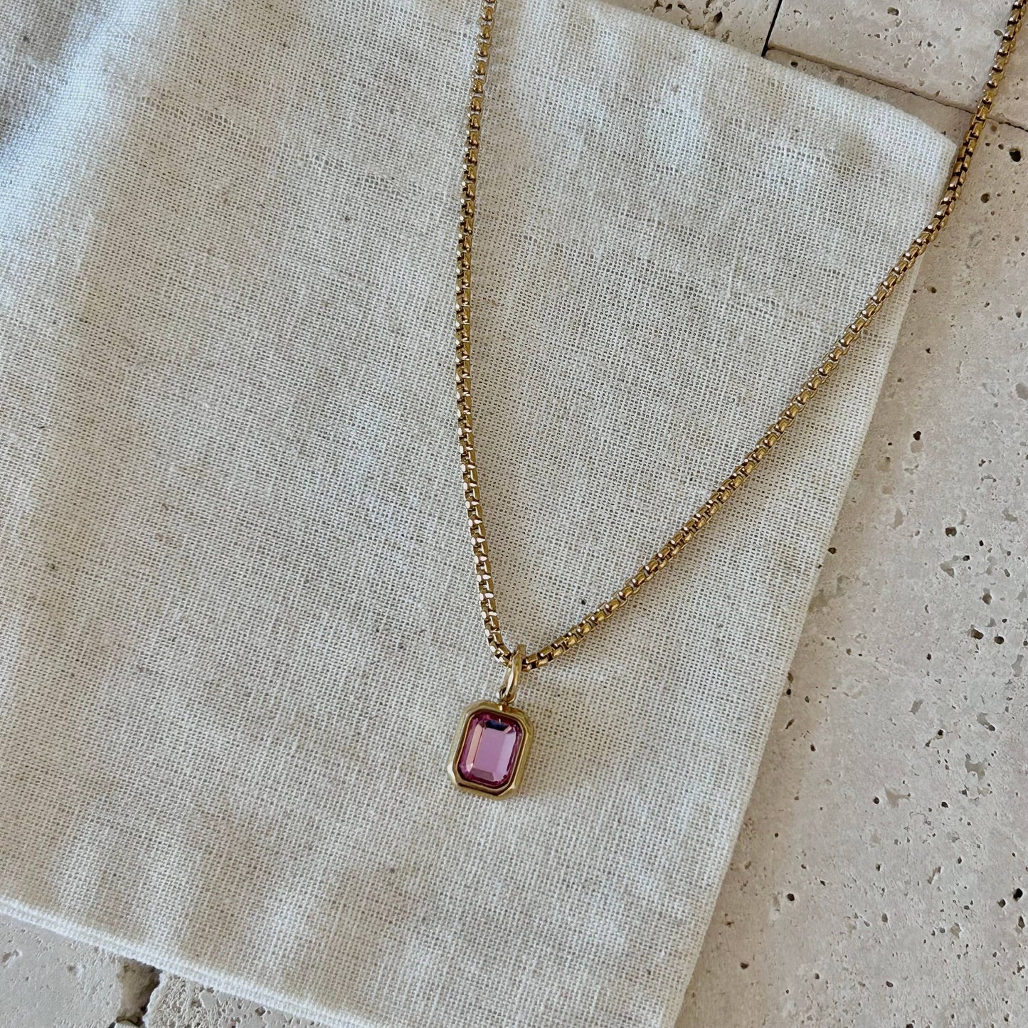 Pink Crystal Pendant Necklace | 18K Gold Plated Box Chain