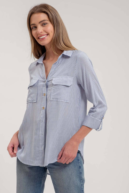 Blu Pepper - Striped Collared Button-Down Top with Pockets
