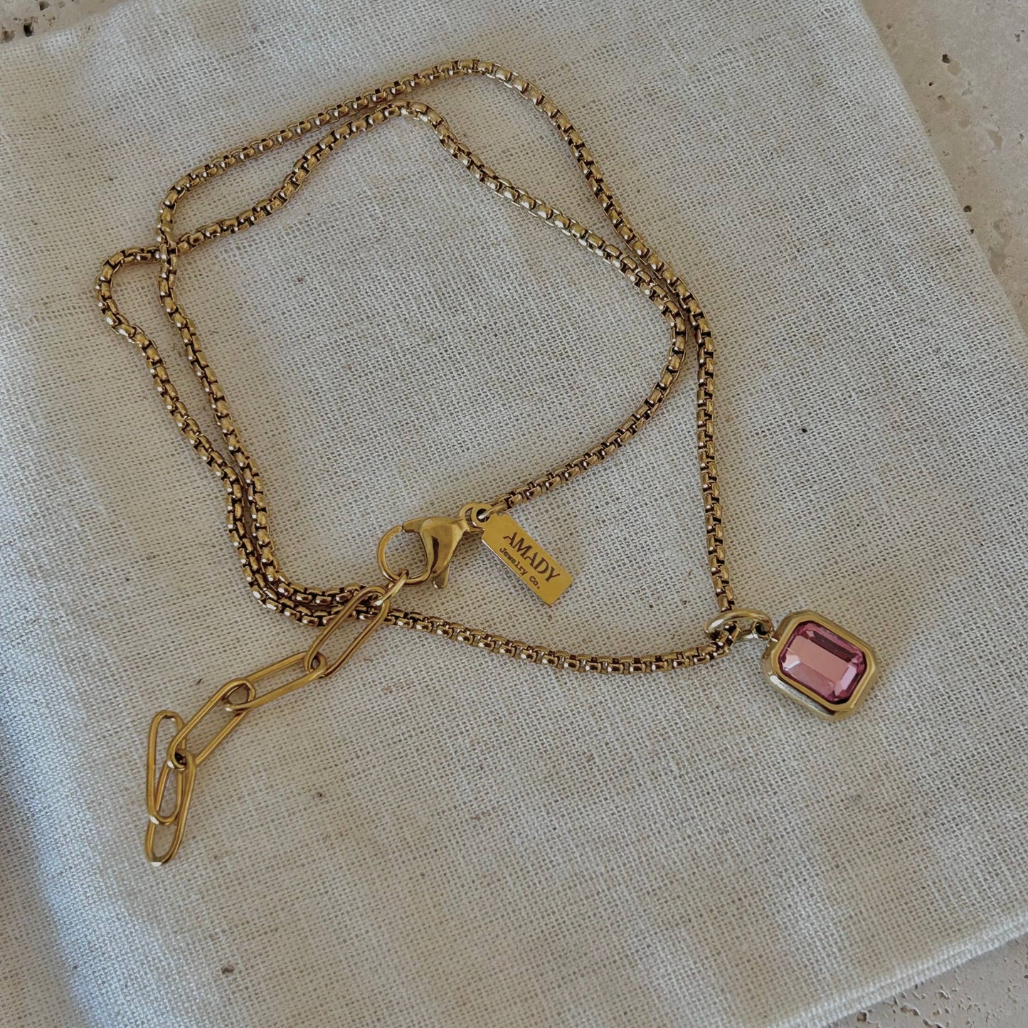 Pink Crystal Pendant Necklace | 18K Gold Plated Box Chain