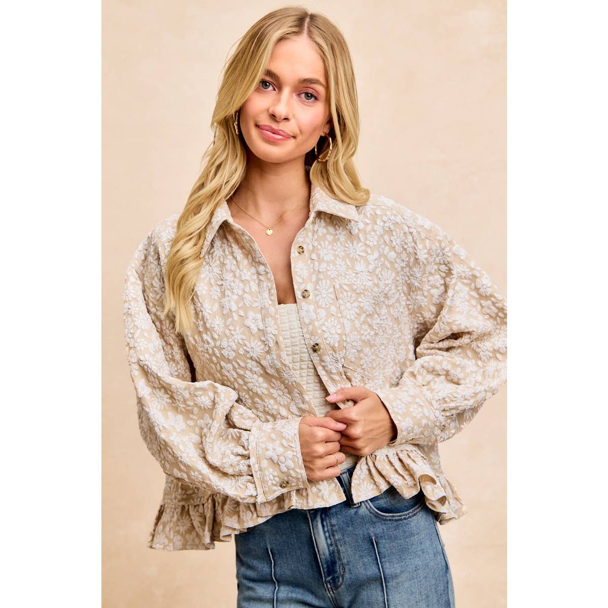 Textured Floral Ruffled Hem Button-Up Top