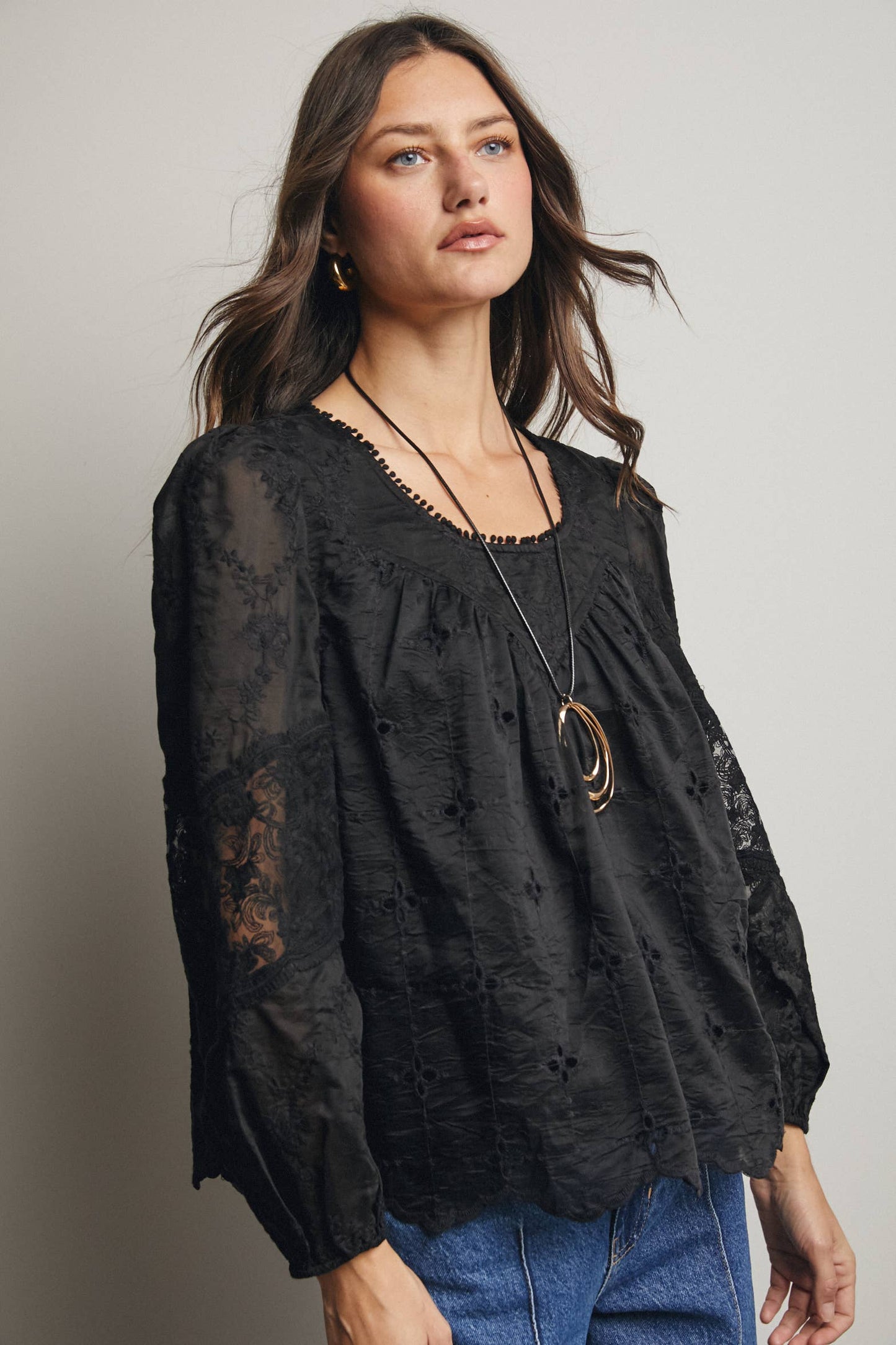 Forte - Embroidered Lace Puff Sleeve Blouse