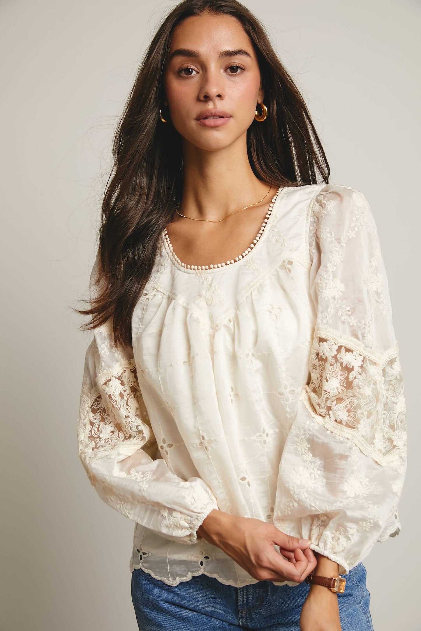 Forte - Embroidered Lace Puff Sleeve Blouse