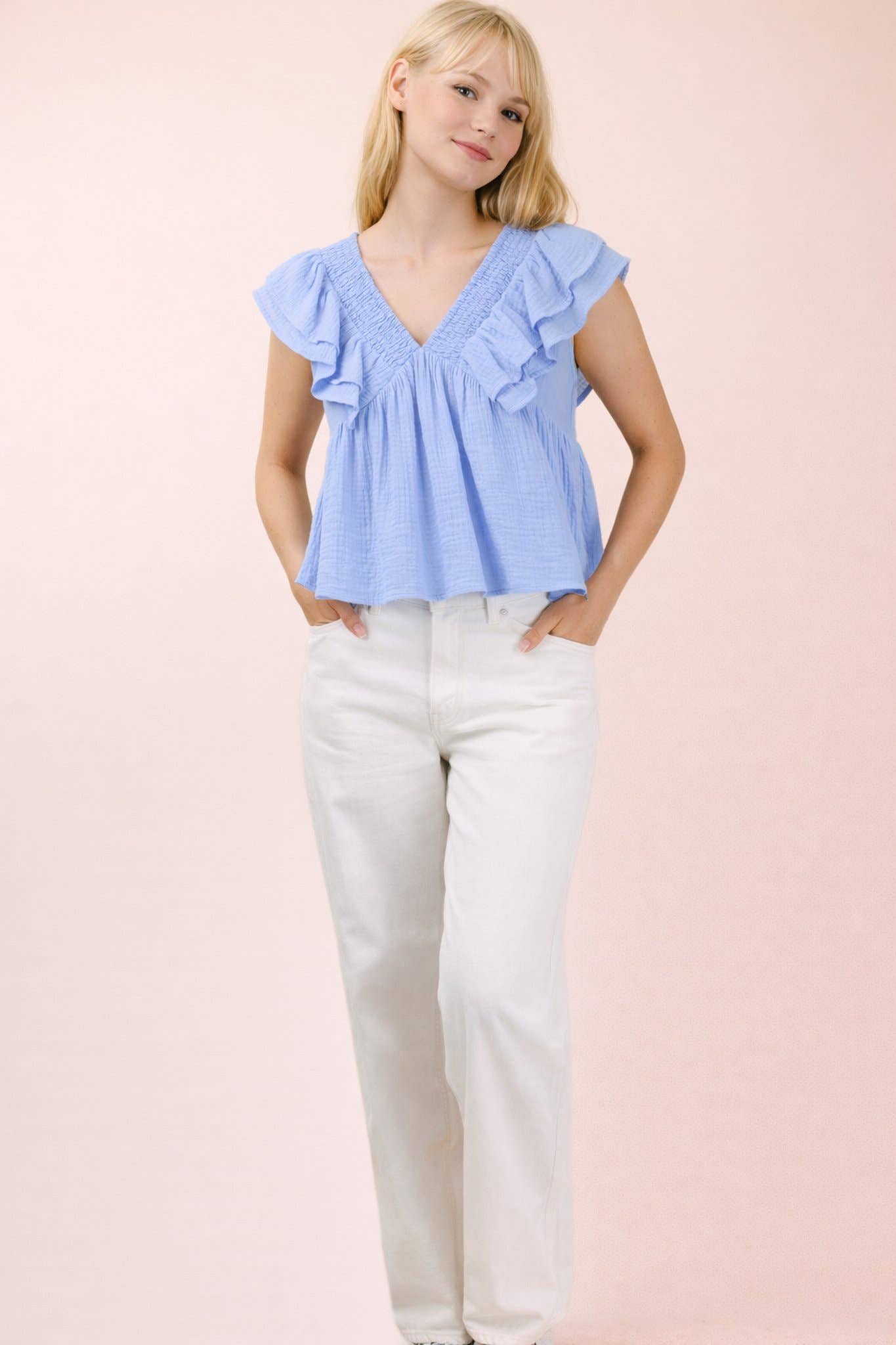 Very J - Smocking Detail Ruffle Sleeve Cotton Gauze Top - 926 West