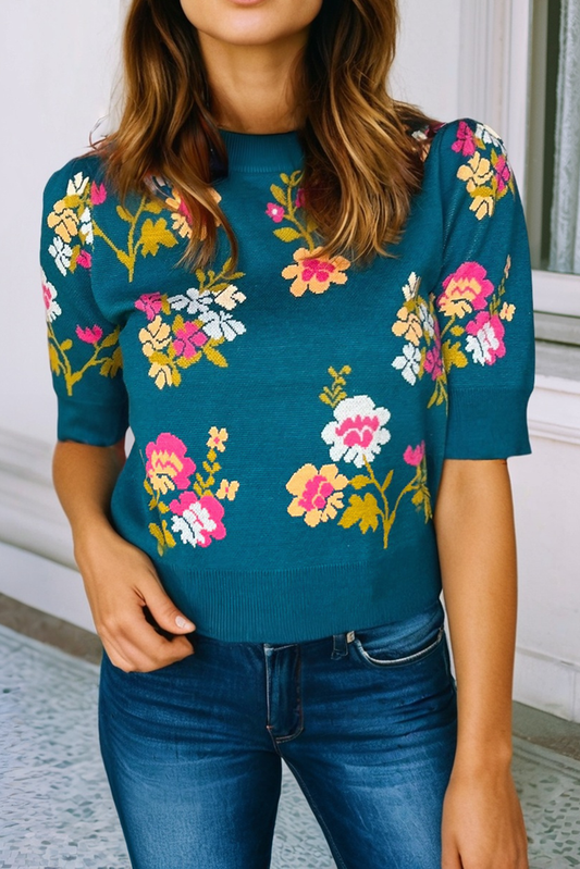 LDC Flower Pattern Knit Short Sleeve Top Little Daisy Closet