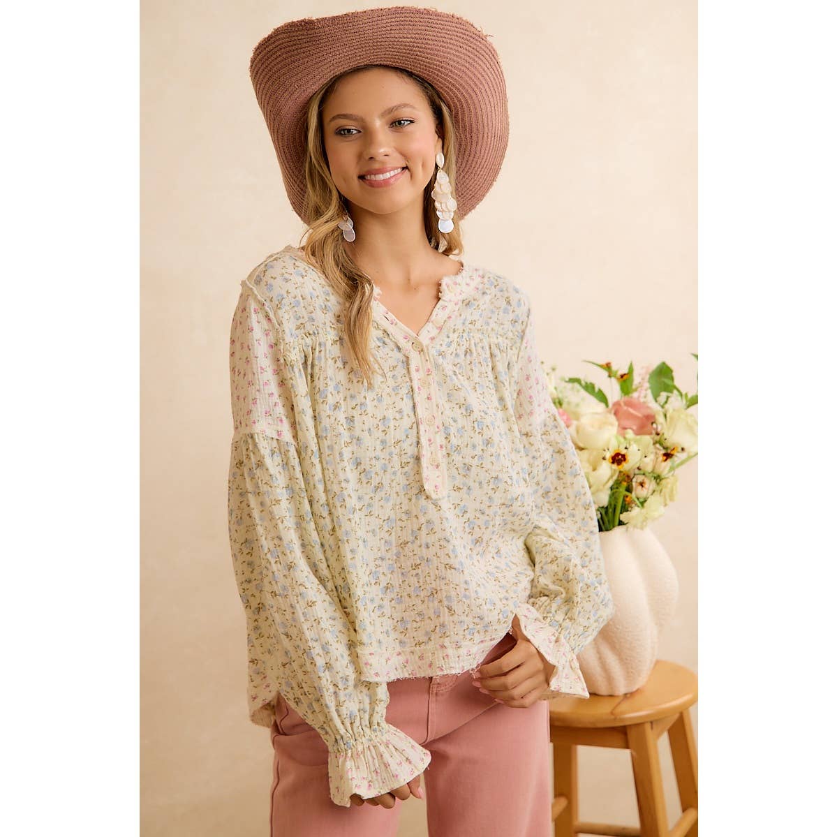 BiBi Floral Crinkle Gauze Button-Front Blouse