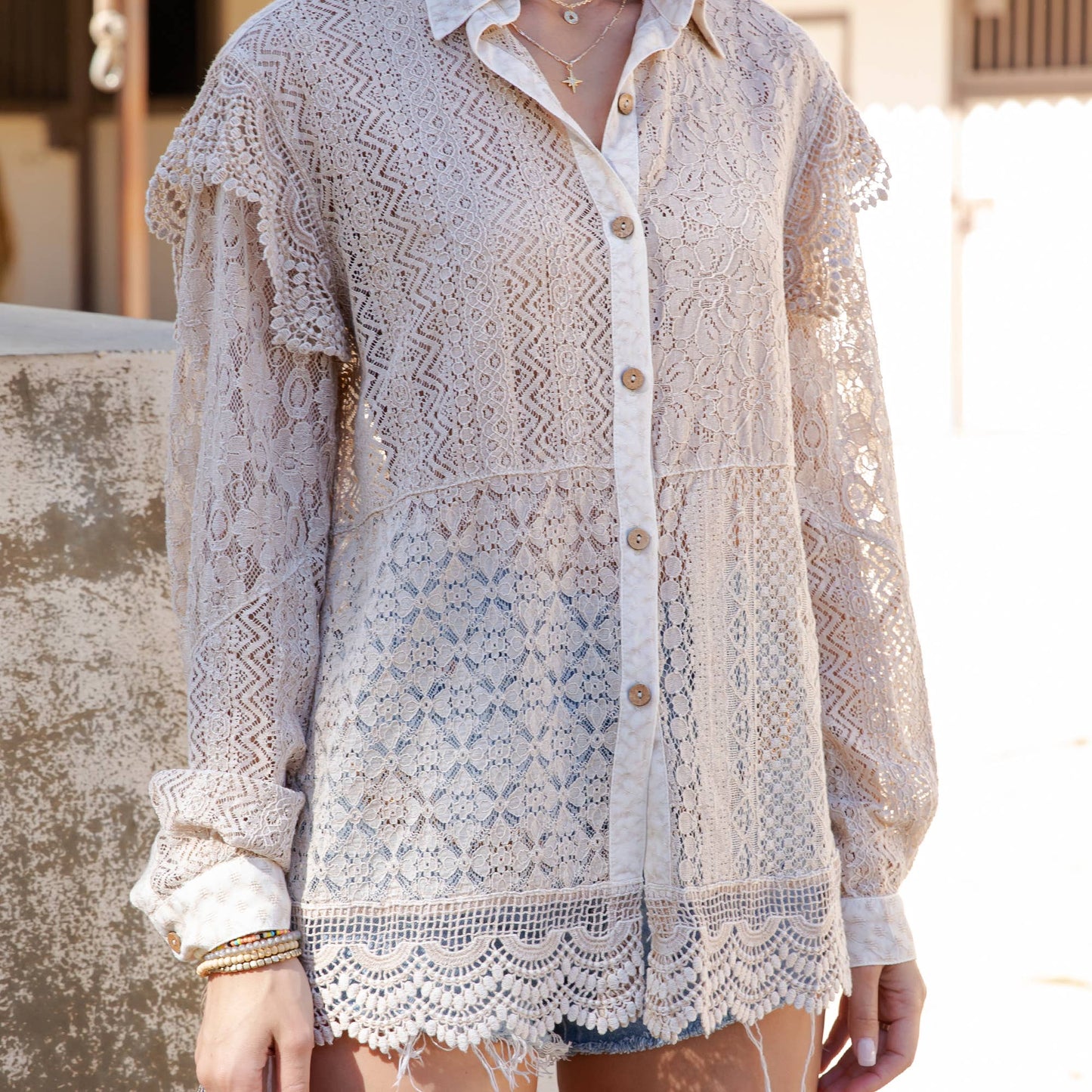 Desert Dream Rhapsody Shirt All Lace Ruffle Shoulder