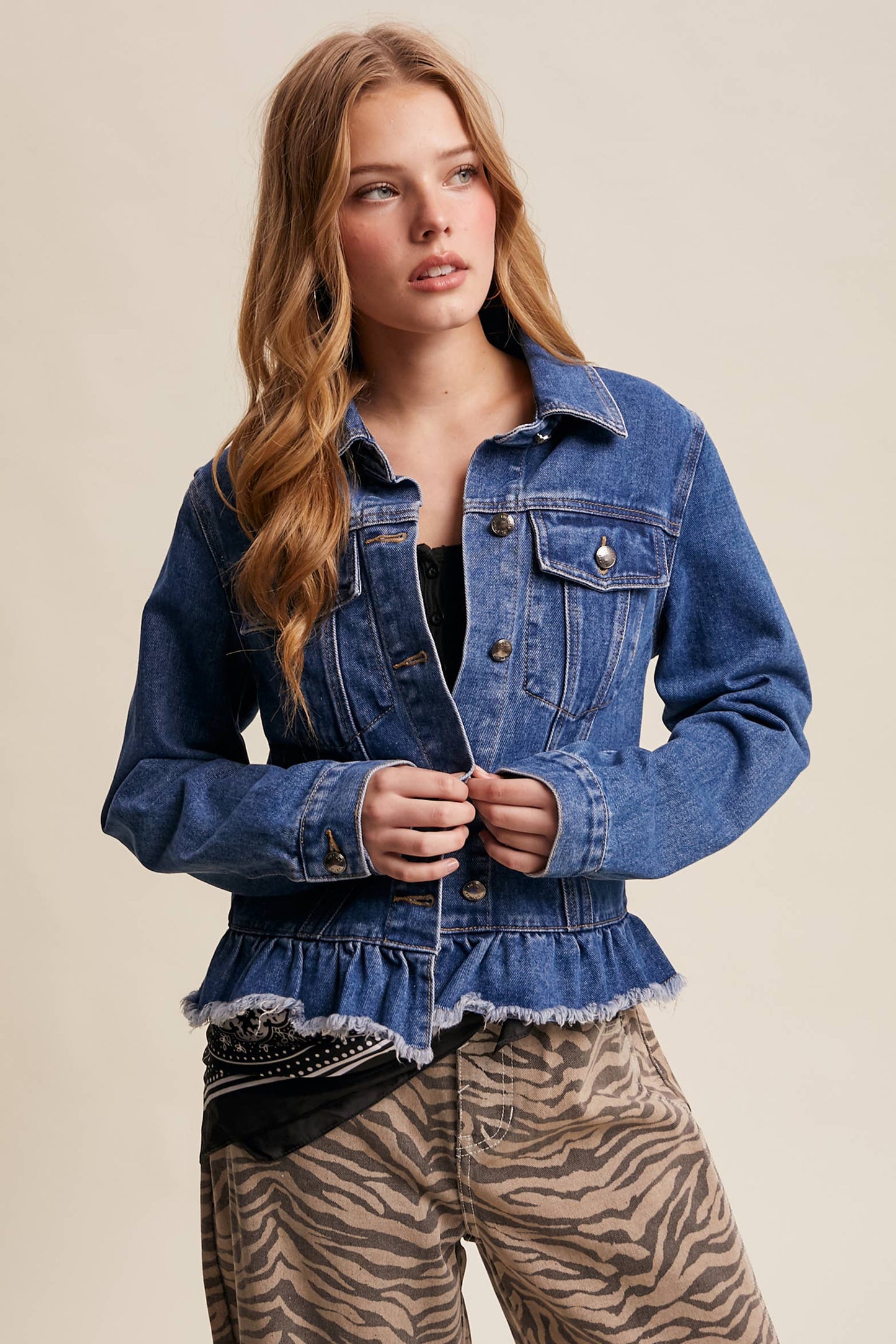 Listicle - Ruffled Hem Denim Jacket
