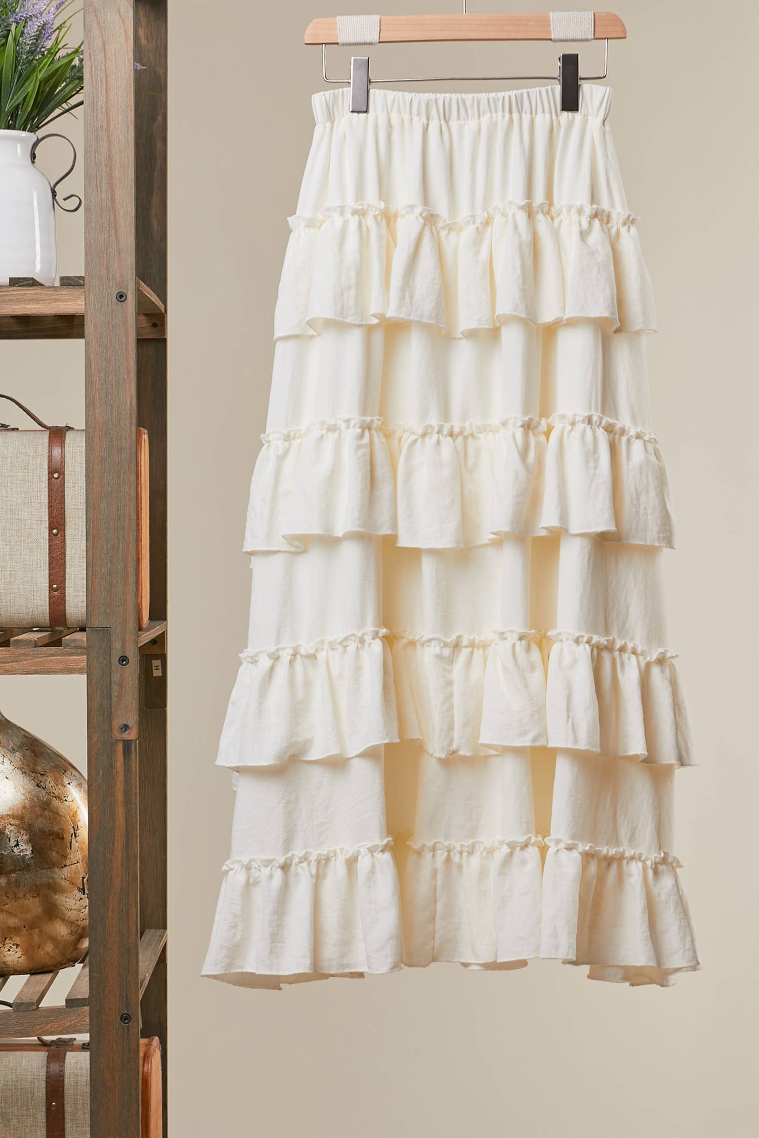 Mello - Ivory Tiered Ruffle Skirt | Feminine Flowy Midi Skirt - 926 West
