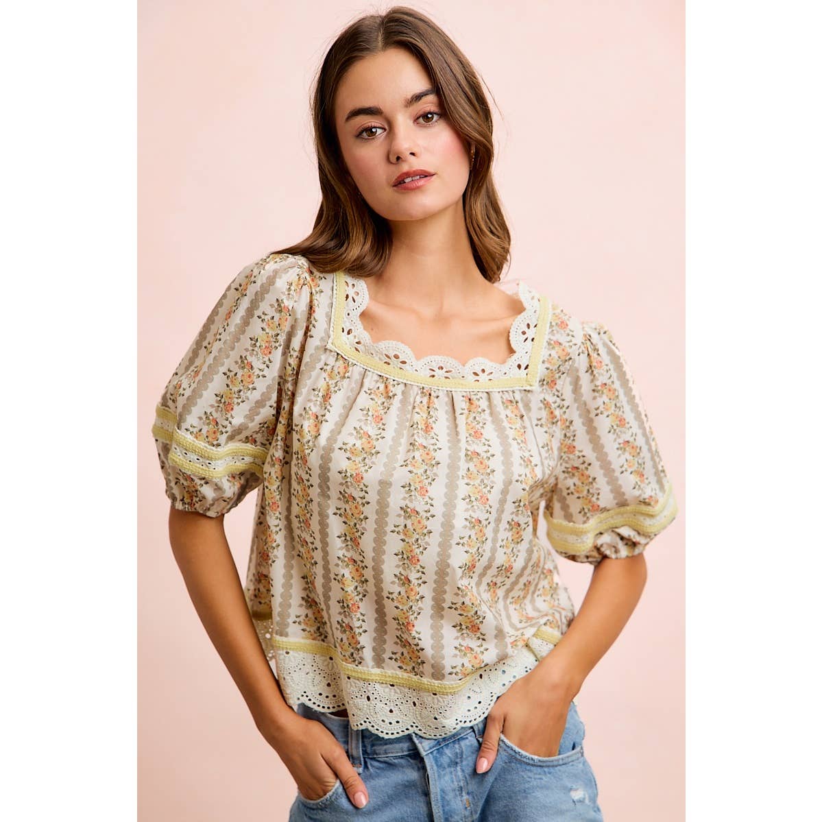 Floral Stripe Lace Trim Blouse Top