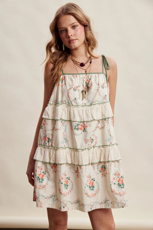 Listicle -Floral Tiered Tie-Strap Mini Dress