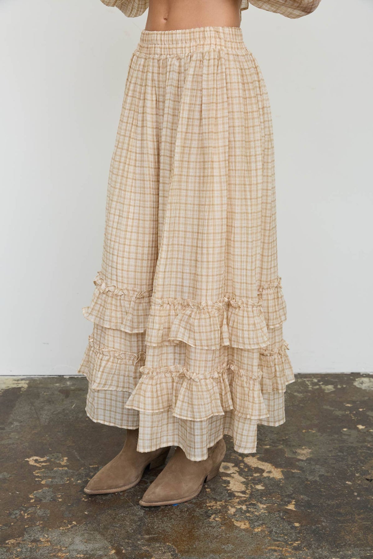 Khaki Plaid Ruffled Tiered Midi Skirt