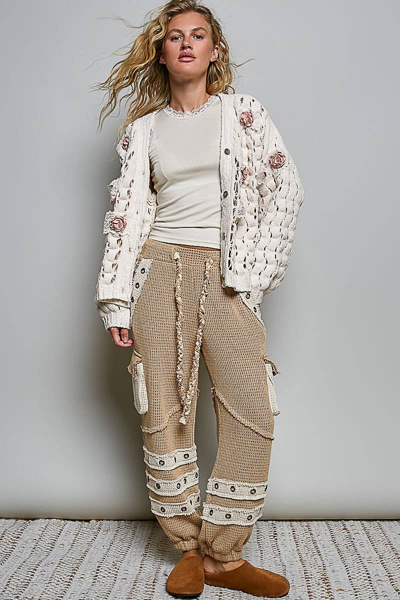 Flower Lace Patch Rib Band Solid Chenille Sweater Cardigan