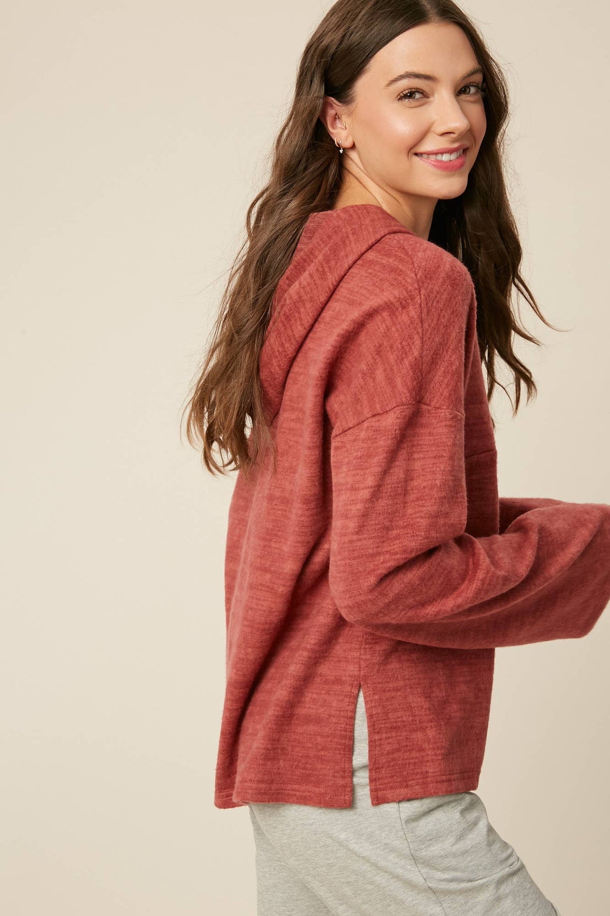 Plum Brushed Knit Henley Hoodie