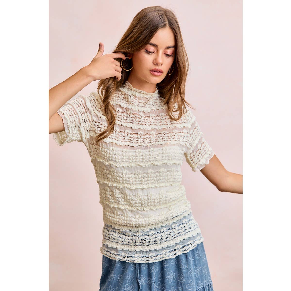 Short Sleeve Ruffle Floral Lace Top