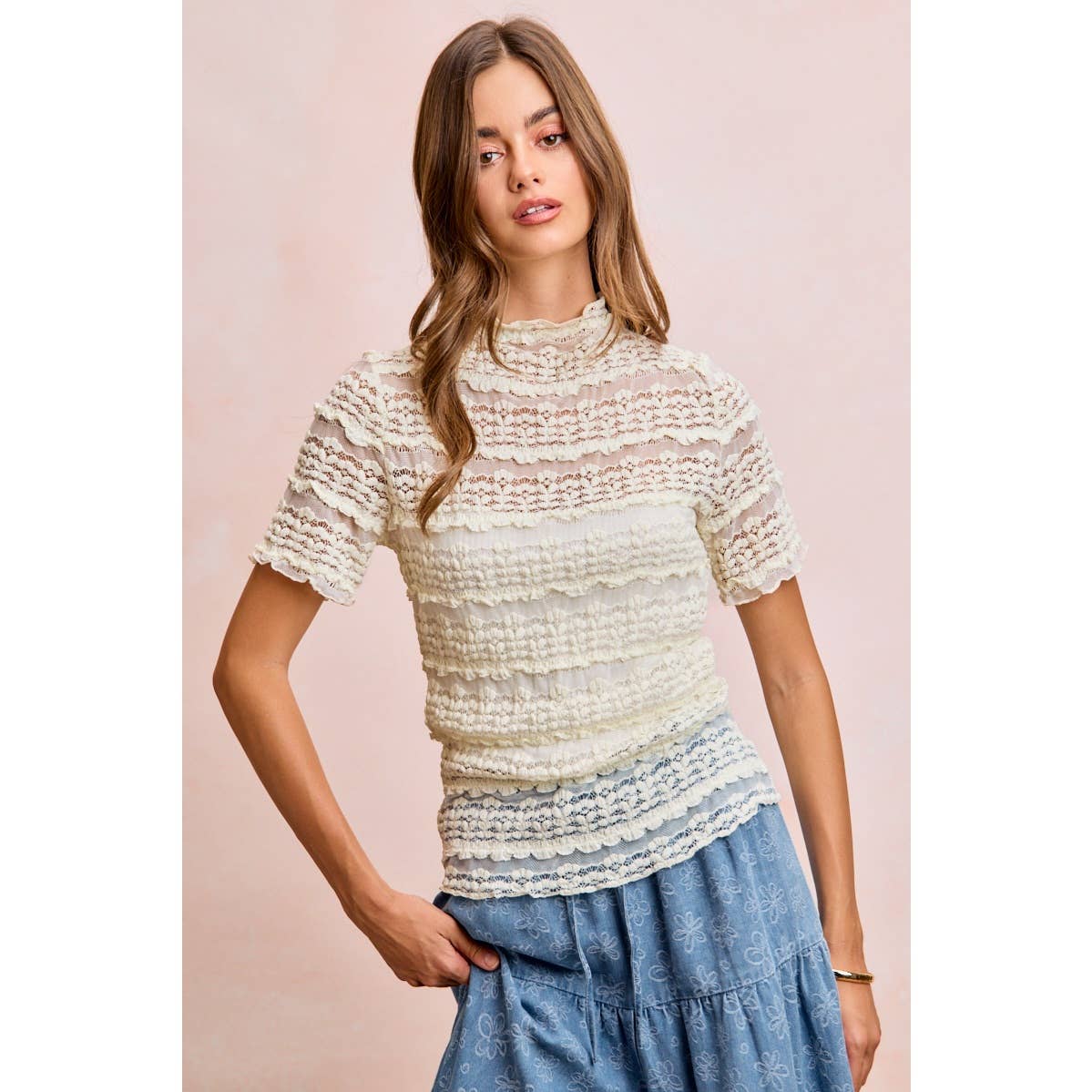 Short Sleeve Ruffle Floral Lace Top