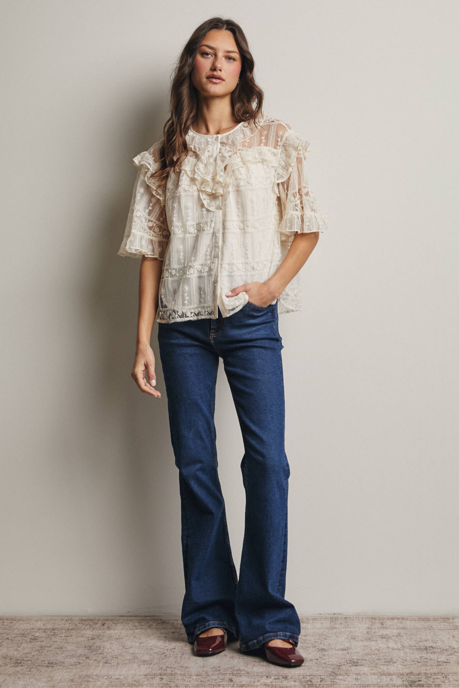 Embroidered Ruffle Lace Blouse - 926 West