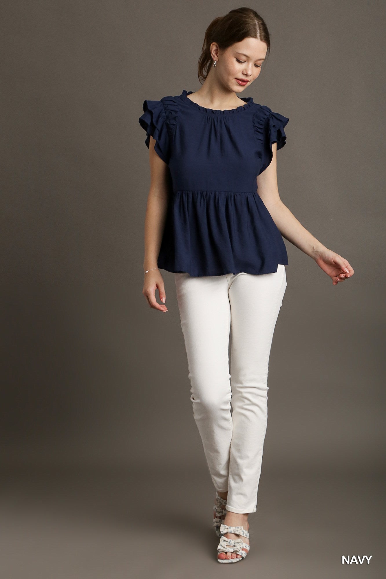 UMGEE - Ruffle Round Neck Top Navy - 926 West