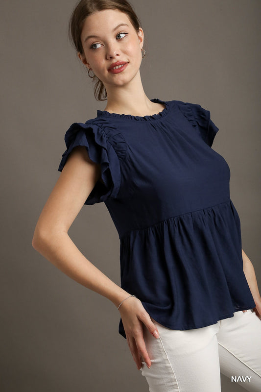 UMGEE - Ruffle Round Neck Top Navy - 926 West