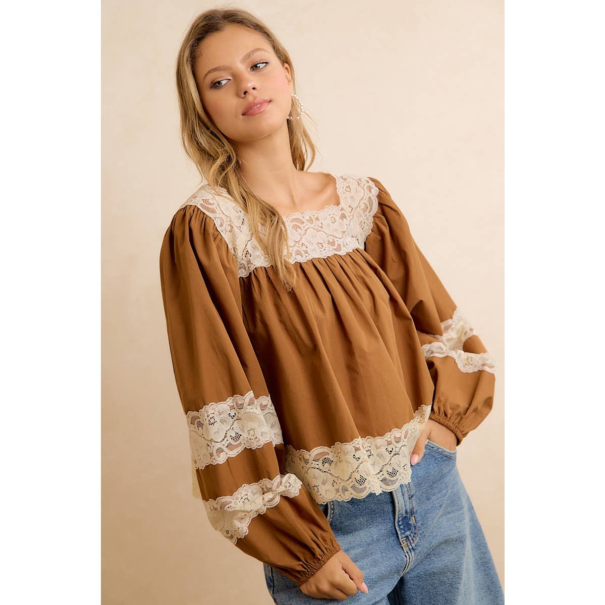 BiBi Camel Lace-Trim Balloon Sleeve Blouse
