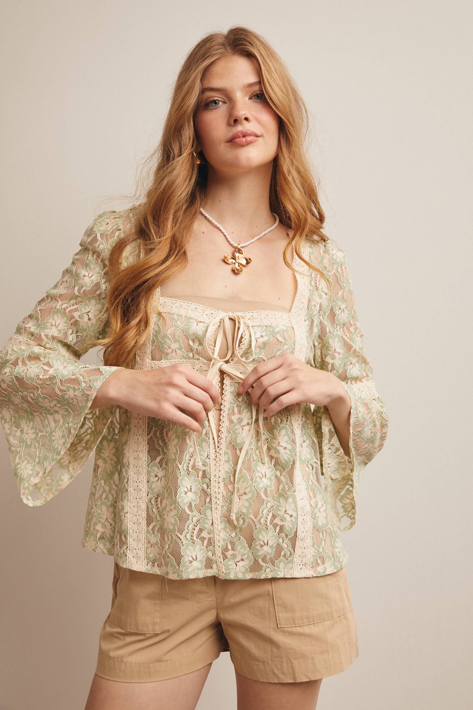 Forte - Sheer Lace Tie-Front Bell Sleeve Blouse - 926 West