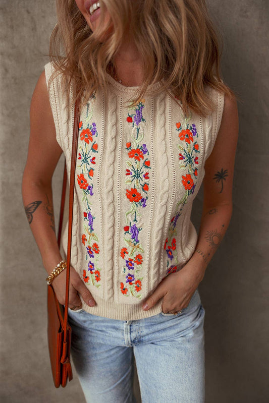Floral Embroidered Sleeveless Sweater Top LALA LOO