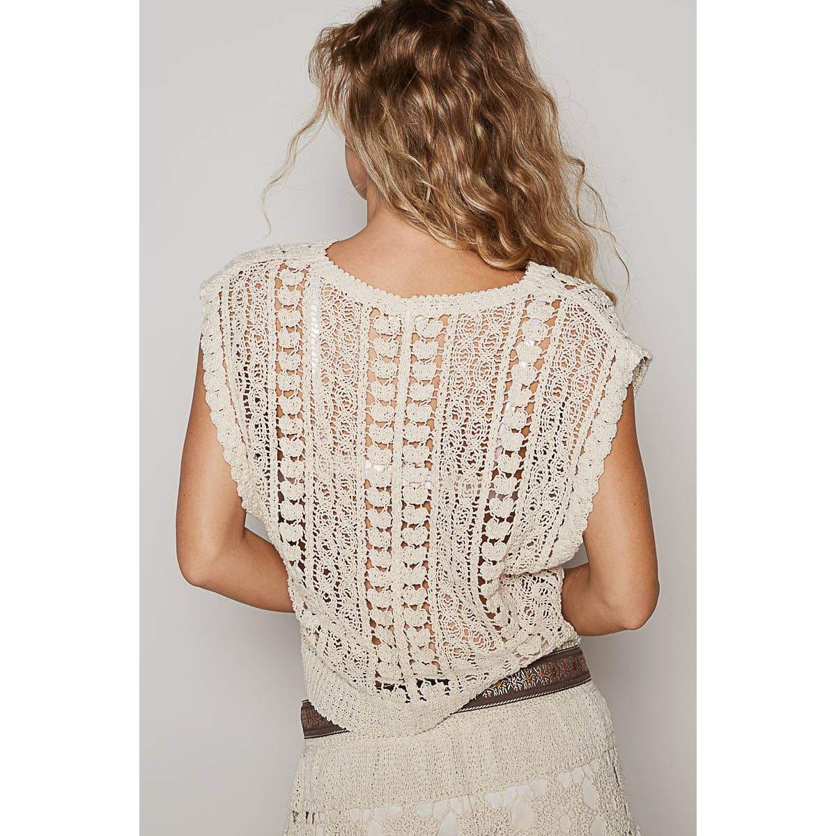 V-neck sleeveless solid crochet top 926 WEST