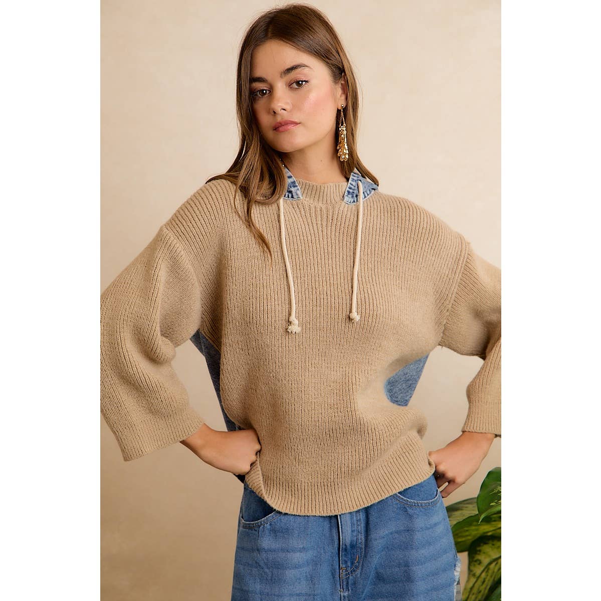 Denim Contrast Hooded Knit Pullover Top