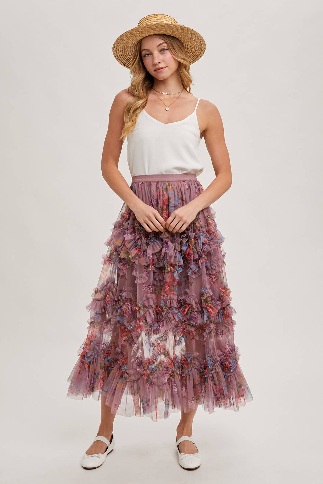 FLORAL RUFFLED MESH MIDI SKIRT Bluivy