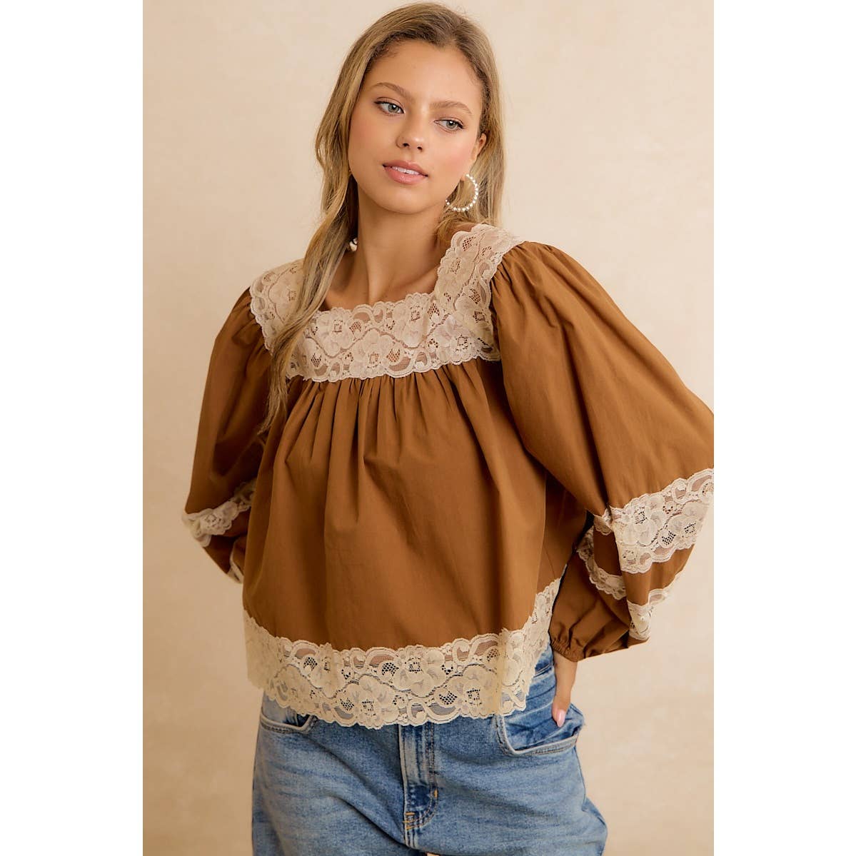 BiBi Camel Lace-Trim Balloon Sleeve Blouse