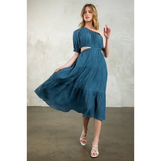 Women's One Shoulder Puff Sleeve Textured Dress THML