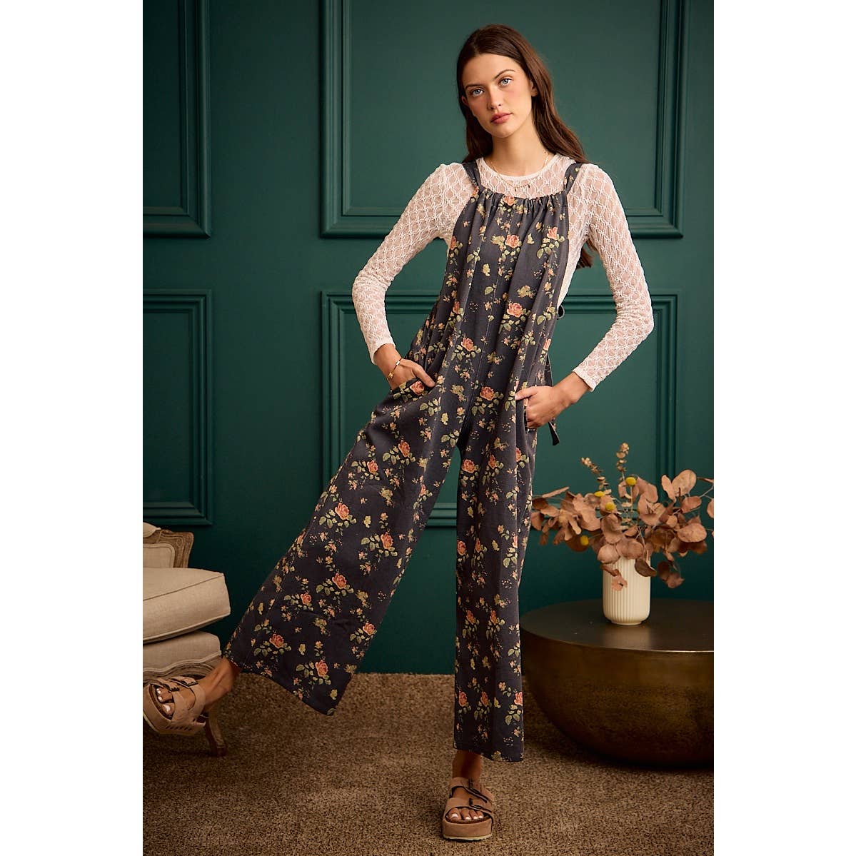 Floral Print Wide Leg Lightweight Jumpsuit